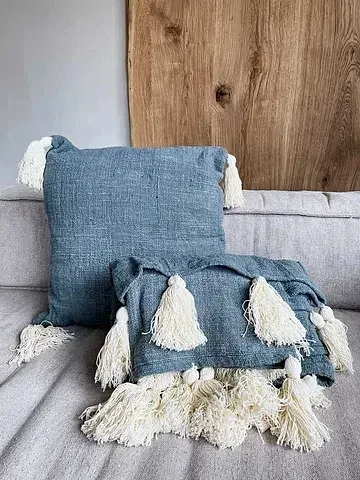 BLUE HAND STITCHED COVER WITH WHITE TASSELS